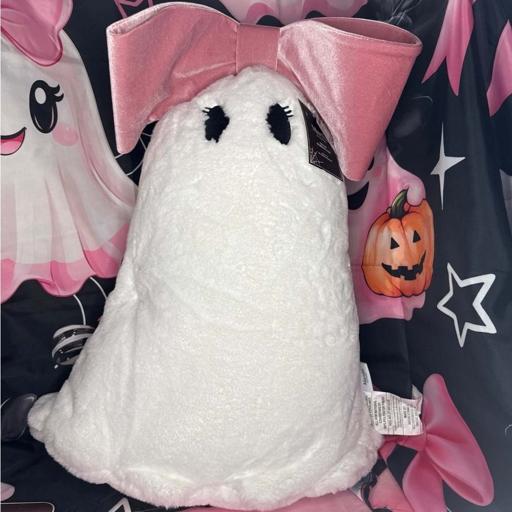 NWT Martha Stewart Faux Fur Ghost Pillow with Pink Bow Decor